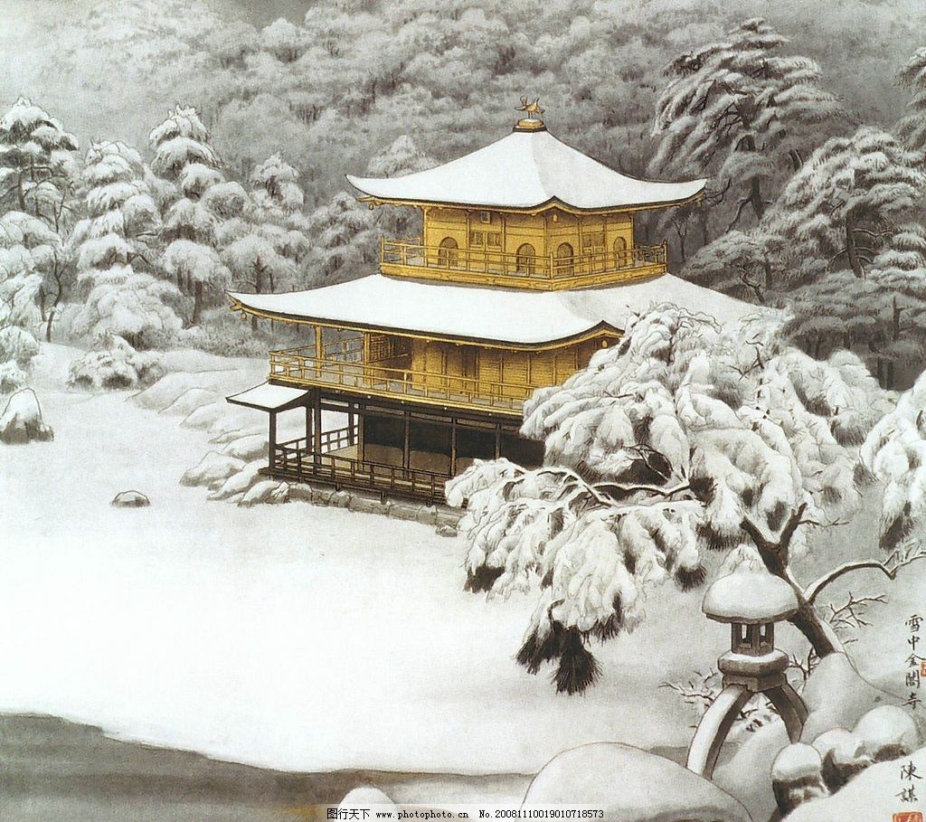 ayadaipon【雪中金閣寺】岡本芳水 956 雪景 掛け軸 - 絵画/タペストリ